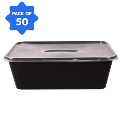 Rectangle Container 14-750 ml, Black with Lid (Pack of 50)