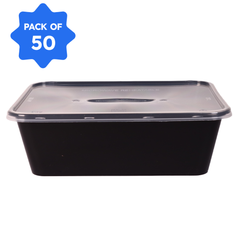 Rectangle Container 14-750 ml, Black with Lid (Pack of 50)