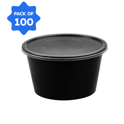 Round Container 03-500 ml, Black with Lid (Pack of 100)