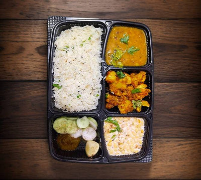 Alu Matar + Dal Fry + Raita + 4 Roti + Rice+ Salad+ Pickle