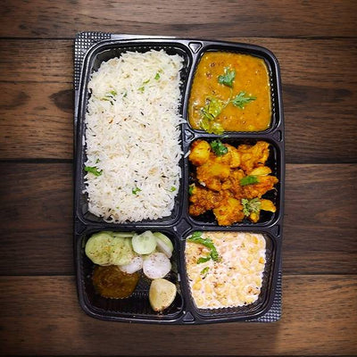 Alu Matar + Dal Fry + Raita + 4 Roti + Rice+ Salad+ Pickle