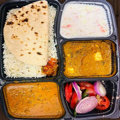 Matar Paneer + Dal Fry + Raita + 4 Roti + Rice+ Salad+ Pickle