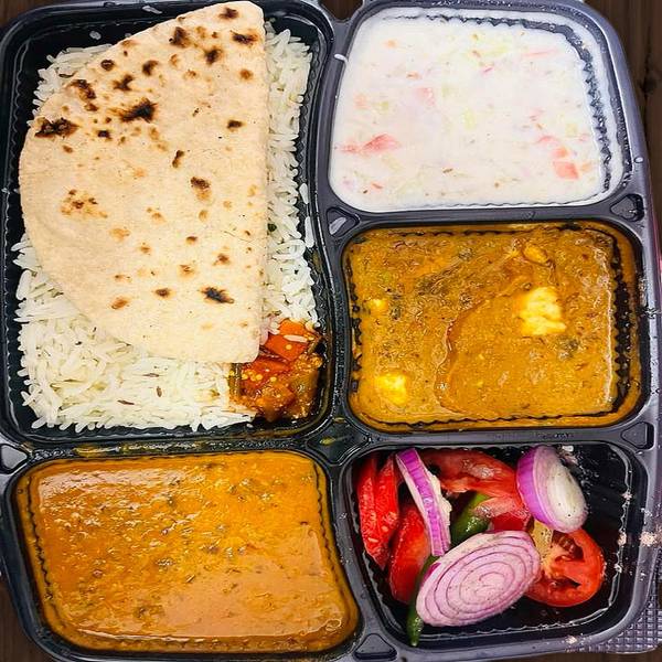 Matar Paneer + Dal Fry + Raita + 4 Roti + Rice+ Salad+ Pickle